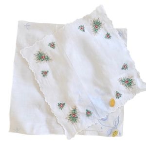 Vintage Embroidered Flower & Holiday Cotton Handkerchiefs -NEW WITH TAG~LOT OF 2